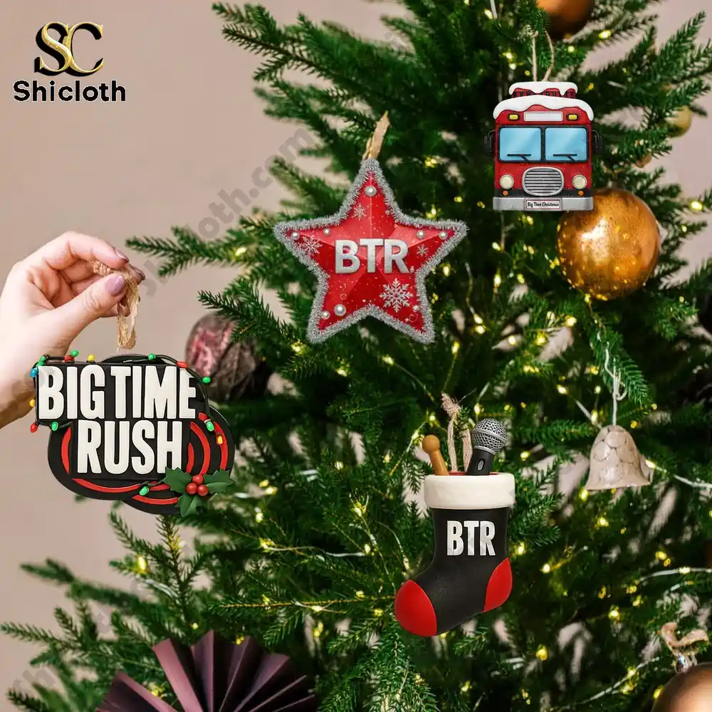 Big Time Rush Advent Calendar 2025 4 Hand hanging Big Time Rush advent calendar ornaments on a Christmas tree.