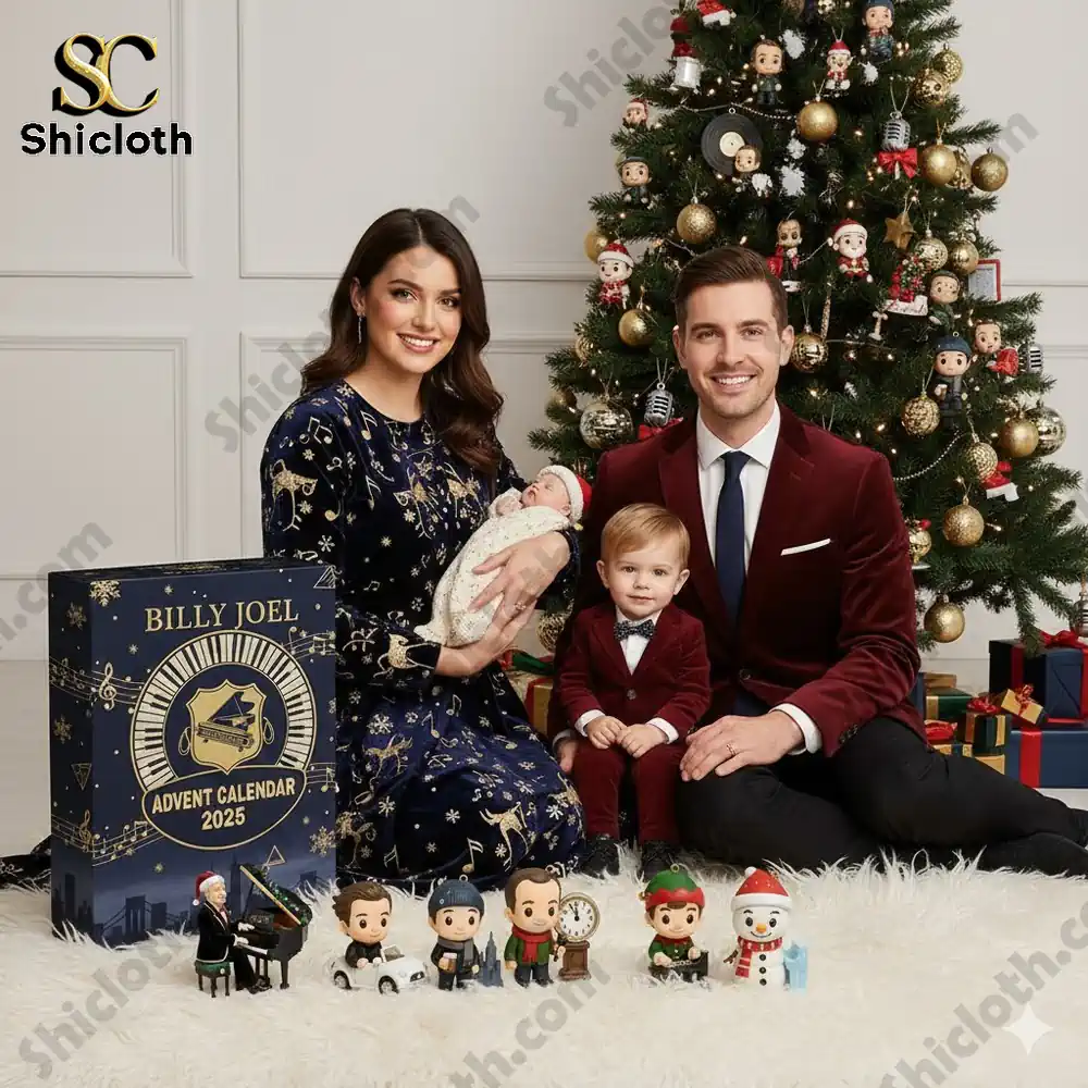Family sitting by a Christmas tree with a Billy Joel Advent Calendar 2025 and themed figurines.