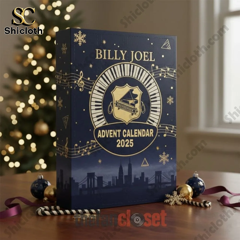 Billy Joel Advent Calendar 2025 box placed on a festive table with ornaments.