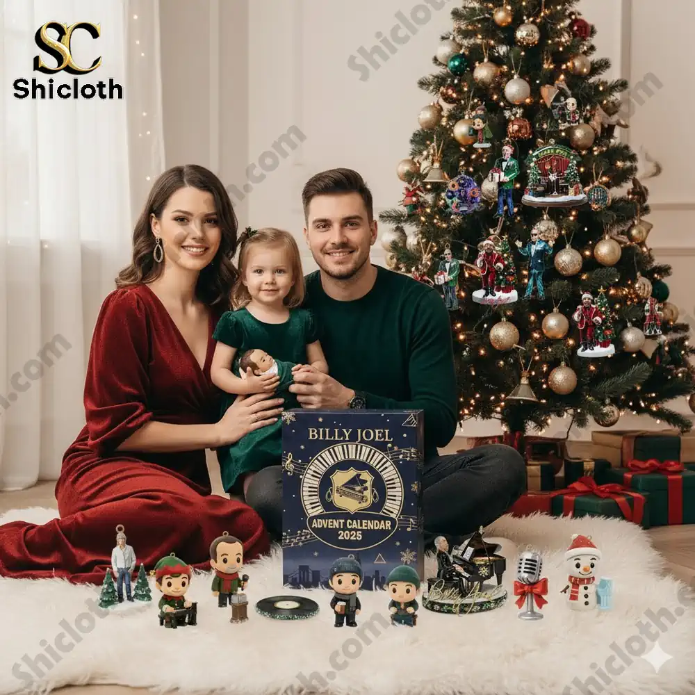 Family sitting by Christmas tree with Billy Joel Advent Calendar 2025 and collectible figures.