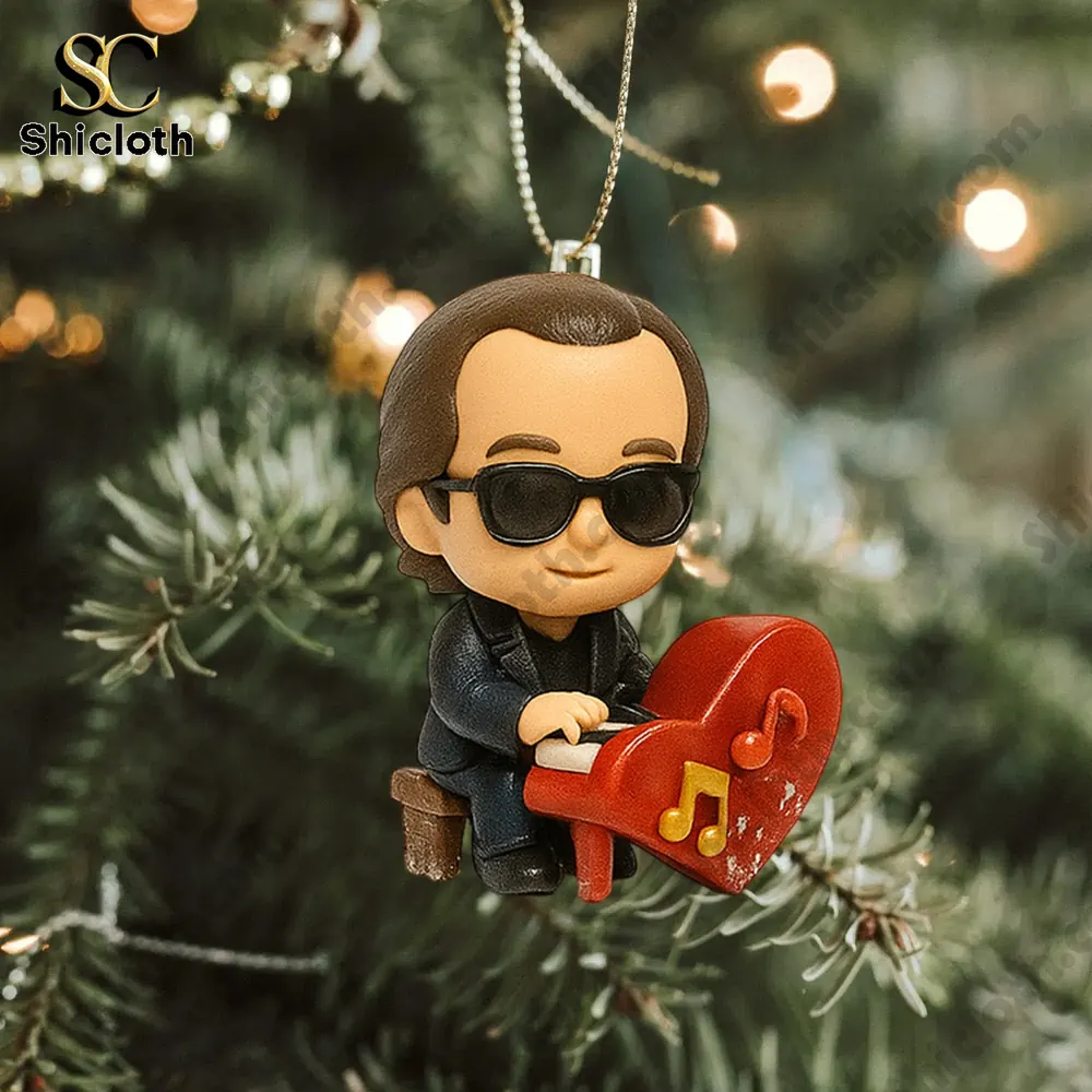 Billy Joel Premium Advent Calendar 2025 5 Billy Joel piano ornament hanging on Christmas tree branch.
