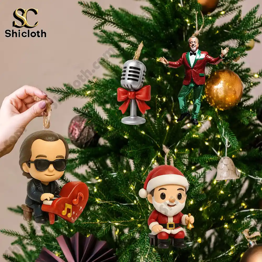 Billy Joel Premium Advent Calendar 2025 6 Various Billy Joel themed ornaments hanging on decorated Christmas tree.