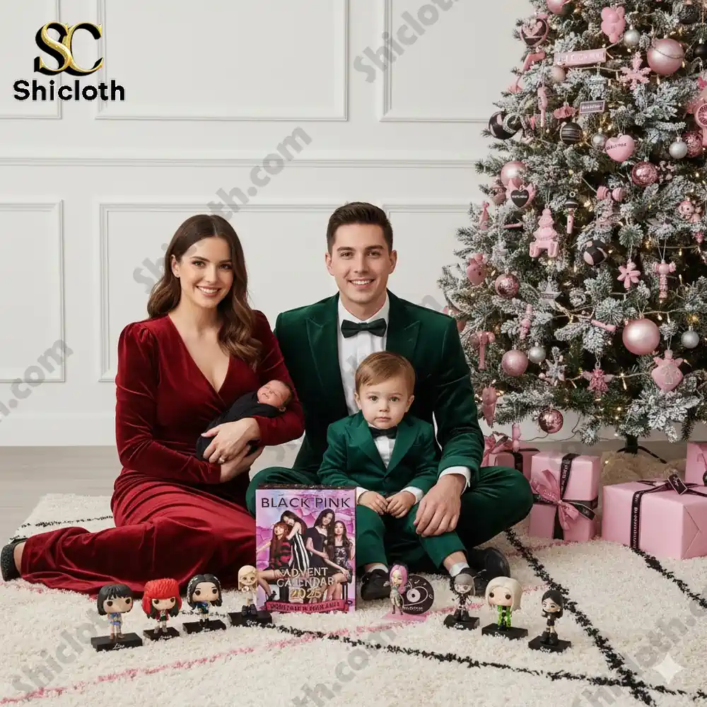 A family dressed in festive outfits poses by a Christmas tree with a Blackpink Advent Calendar 2025 and collectible figures.