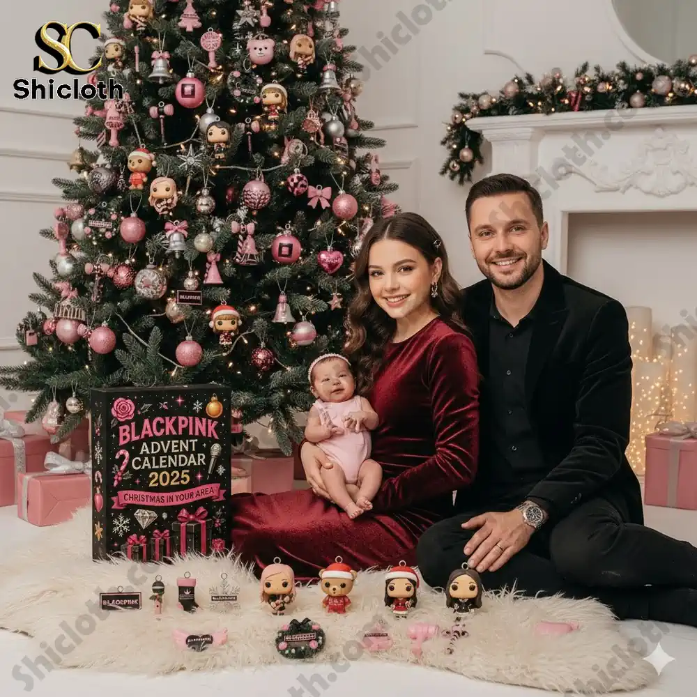 A smiling couple with a baby sits by a decorated Christmas tree featuring pink ornaments and BLACKPINK figures beside the BLACKPINK Advent Calendar 2025 box.