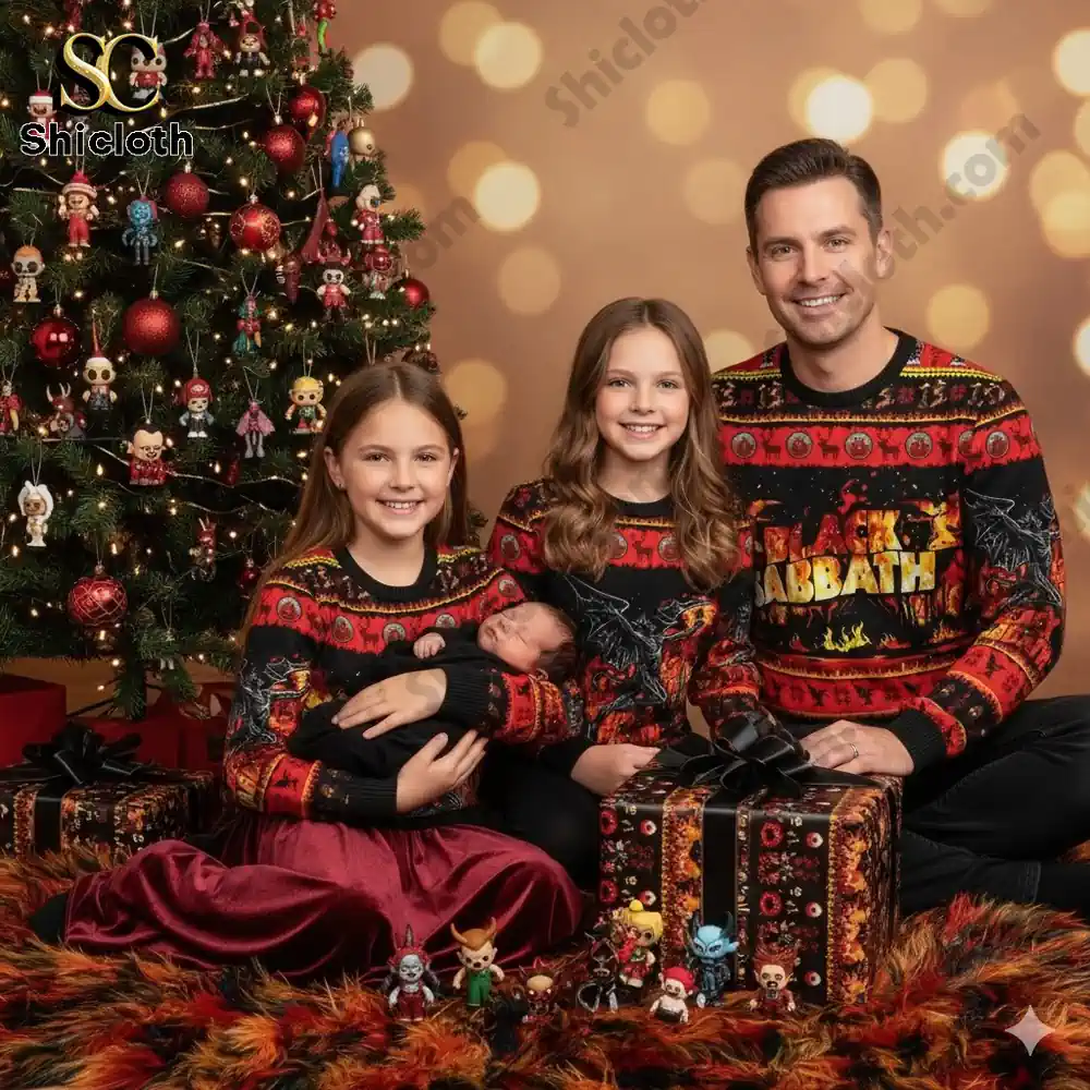 A family wearing matching Black Sabbath Christmas sweaters sits by a decorated tree with gifts and ornaments.