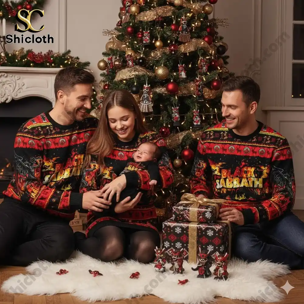 A family sitting by a Christmas tree wearing matching Black Sabbath sweaters and smiling together.