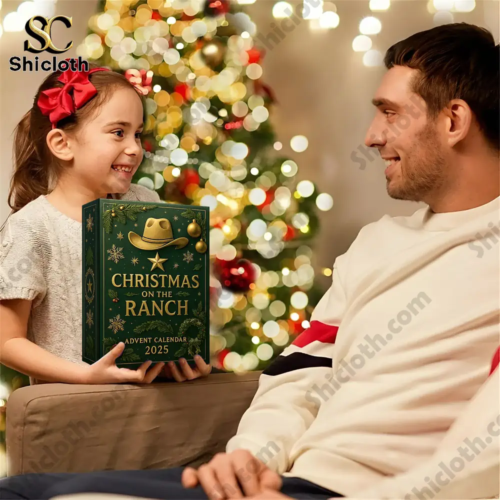 A girl presents the Shicloth Blake Shelton Christmas On The Ranch Advent Calendar 2025 gift box to her father by the Christmas tree.