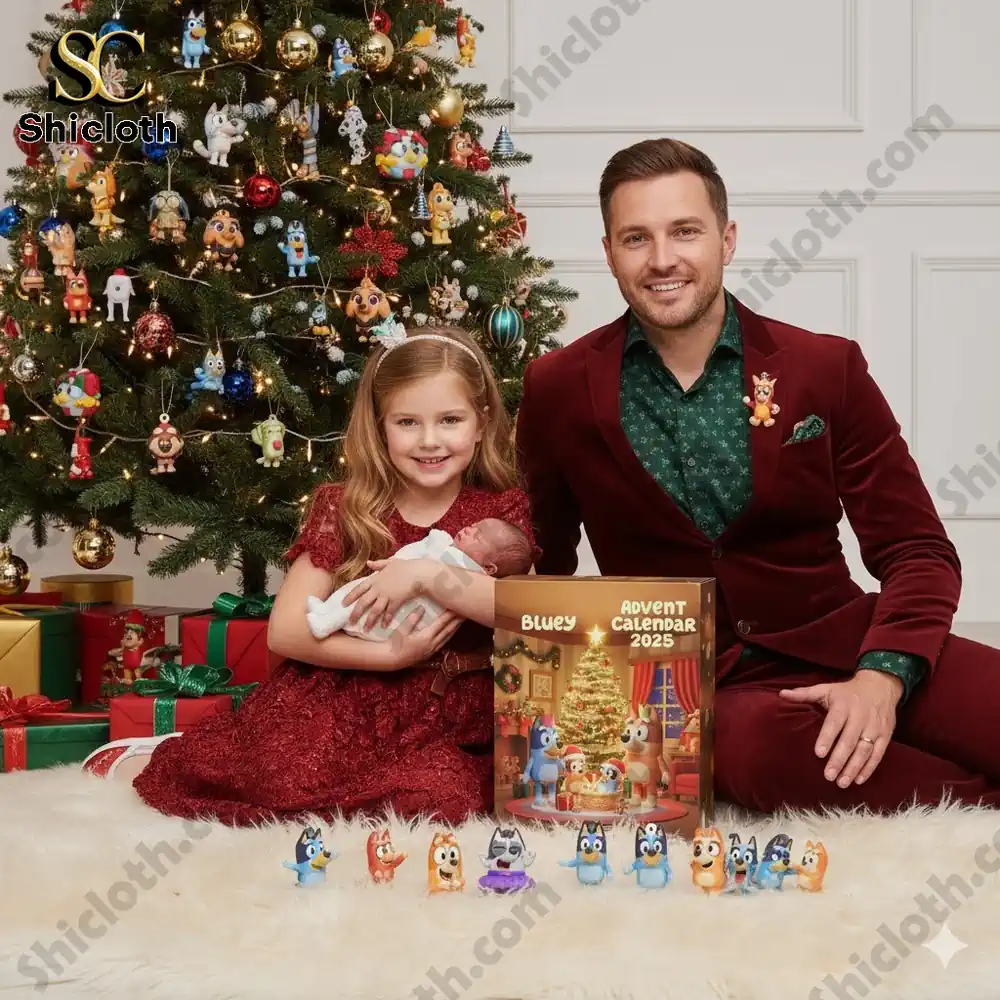 A family sitting by a Christmas tree with Bluey Advent Calendar 2025 and Bluey character figures displayed in front.
