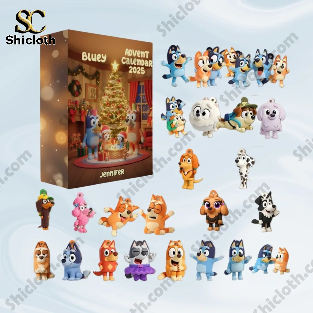 A full display of Bluey Advent Calendar 2025 box with various Bluey character mini figures from Shicloth.