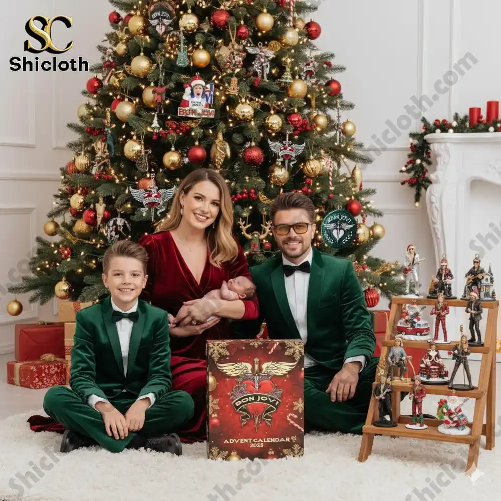 A family in festive outfits poses by a Christmas tree with a Bon Jovi Advent Calendar 2025 and collectible figures.
