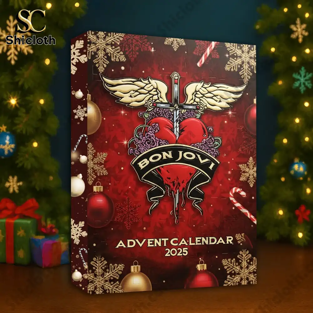 Bon Jovi Advent Calendar 2025 3 Bon Jovi Advent Calendar 2025 box displayed by a decorated Christmas tree.