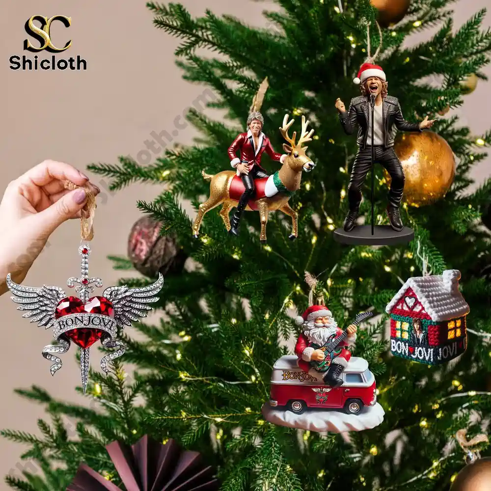 Bon Jovi Advent Calendar 2025 4 Bon Jovi themed ornaments from the Advent Calendar 2025 hanging on a Christmas tree.
