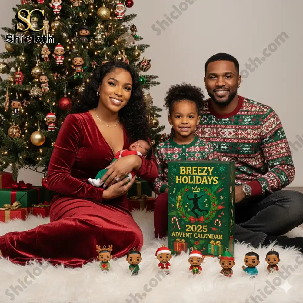 Family sitting by Christmas tree with Breezy Holidays 2025 Advent Calendar.