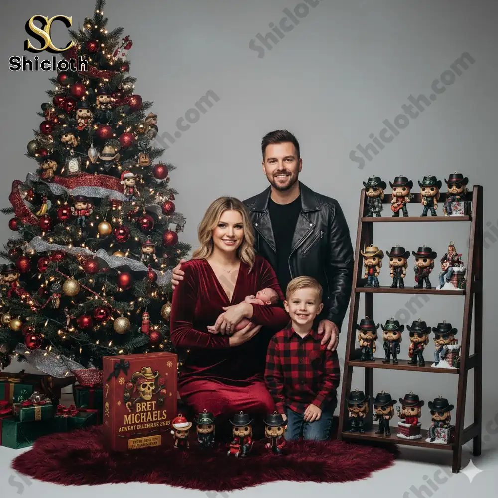 A family celebrates Christmas with the Shicloth Bret Michaels Advent Calendar 2025 and collectible figurines.