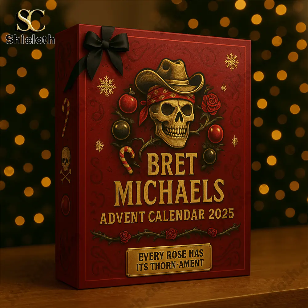 Close-up of the Shicloth Bret Michaels Advent Calendar 2025 box with skull, cowboy hat, roses, and Christmas decorations.