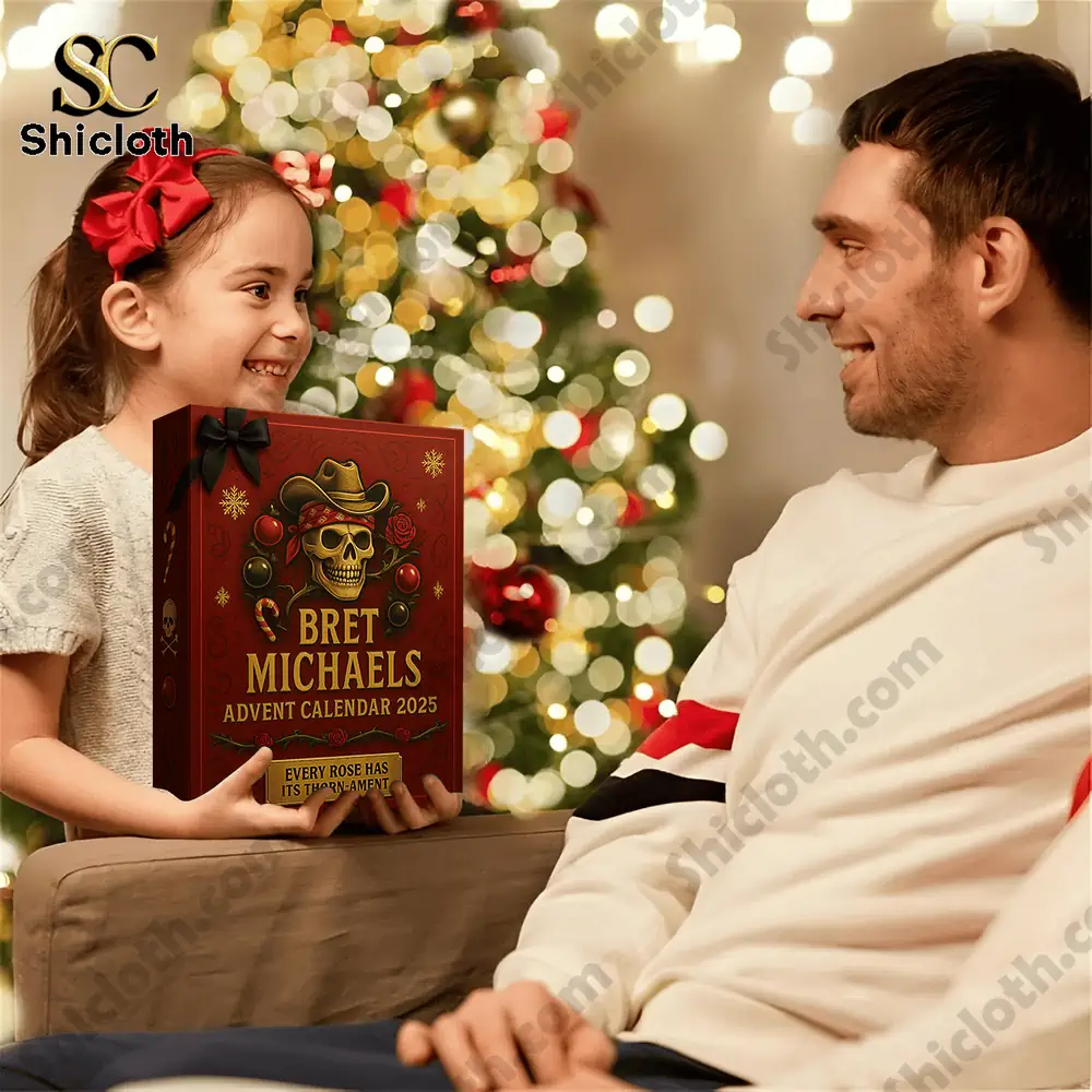 Bret Michels Advent Calendar 2025 3 A girl gives the Shicloth Bret Michaels Advent Calendar 2025 box as a Christmas gift to her father.