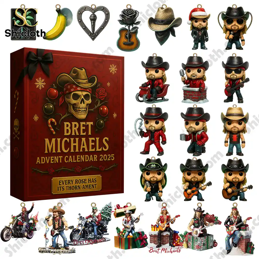 Bret Michels Advent Calendar 2025 4 Shicloth Bret Michaels Advent Calendar 2025 with collectible figurines and rock-themed ornaments.