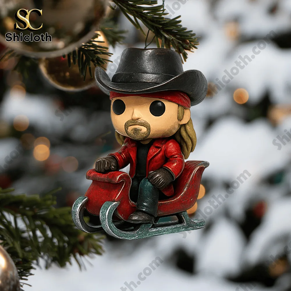 Bret Michels Advent Calendar 2025 5 Bret Michaels figurine ornament from the Shicloth Advent Calendar 2025 hanging on a Christmas tree.