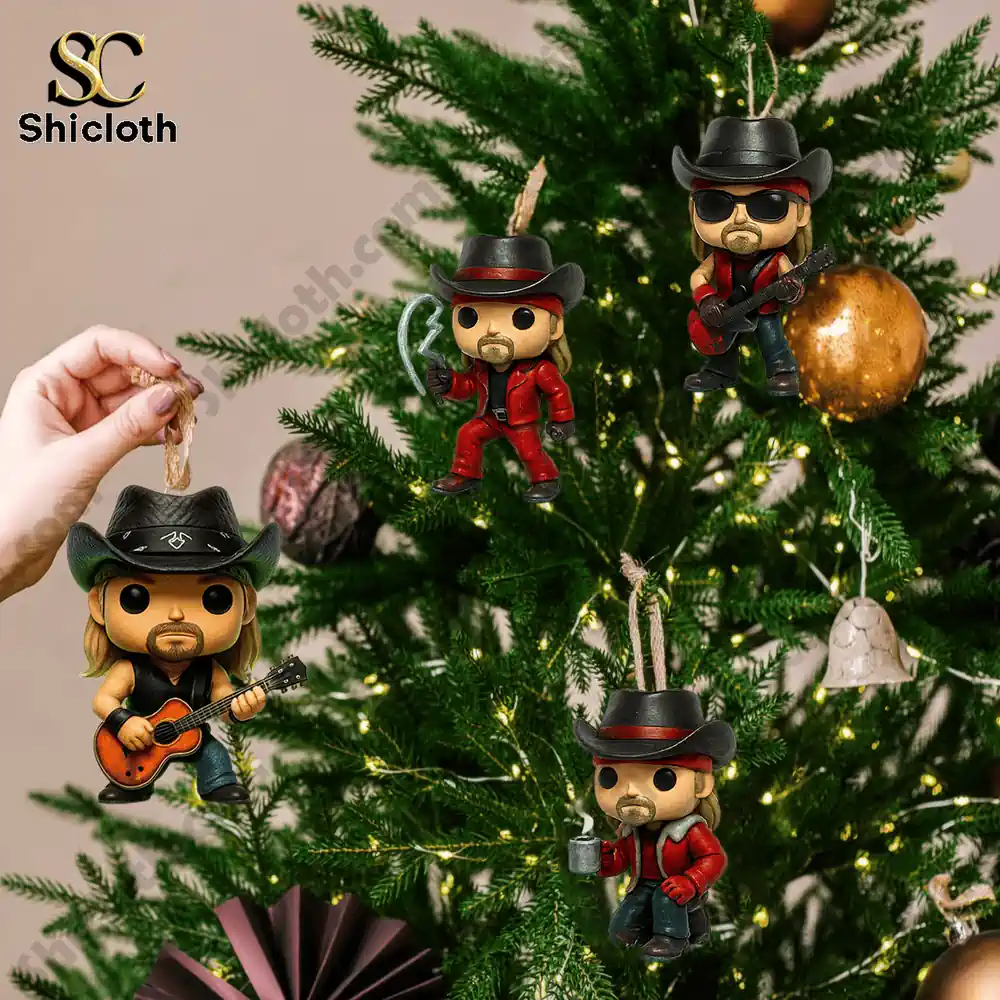 Bret Michels Advent Calendar 2025 6 Multiple Bret Michaels figurine ornaments from the Shicloth Advent Calendar 2025 displayed on a Christmas tree.