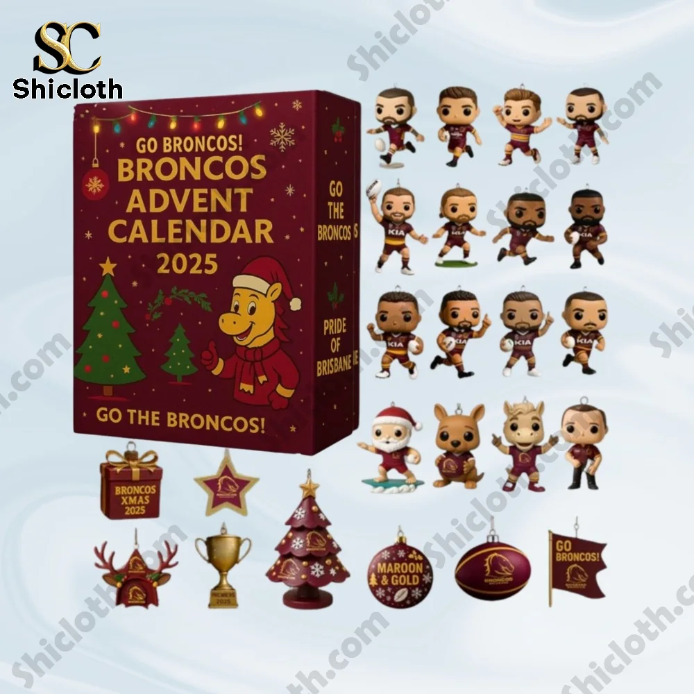 A display of the Broncos Advent Calendar 2025 box with miniature player figures and themed ornaments laid out!