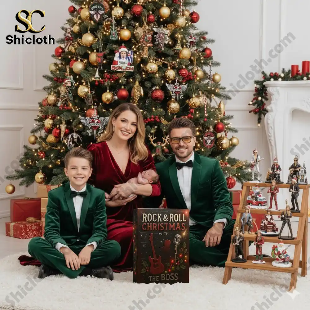 Family sitting by a Christmas tree with Shicloth Bruce Springsteen Rock And Roll Christmas Advent Calendar 2025.