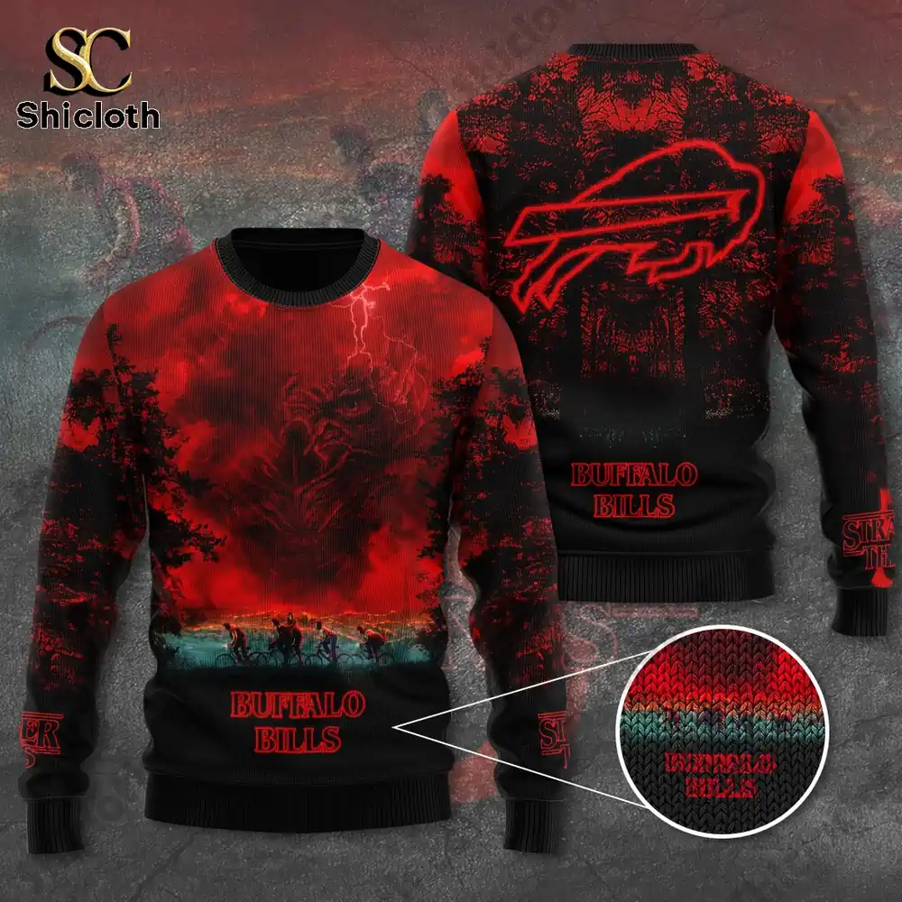 Front and back view of a red and black Buffalo Bills Stranger Things themed Christmas sweater.
