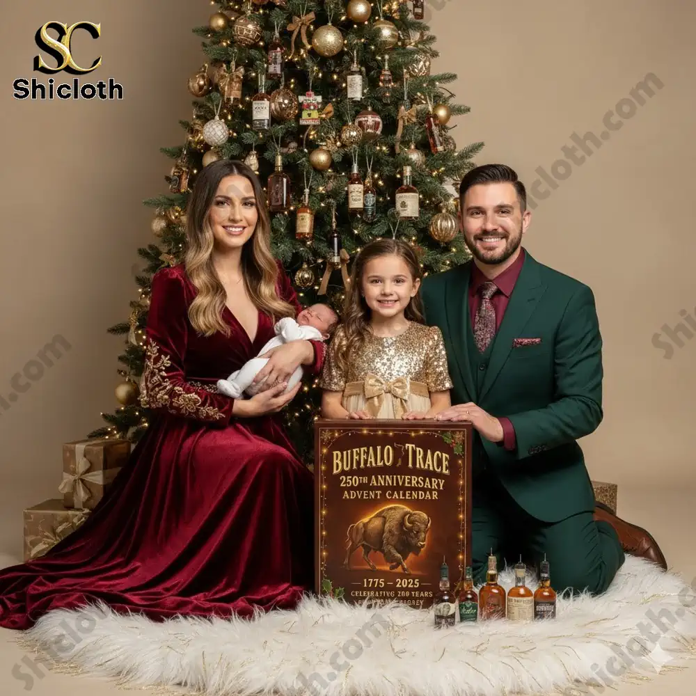 A family poses in front of a Christmas tree with a Buffalo Trace 250th Anniversary Advent Calendar.