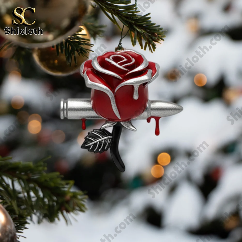 Bullet for My Valentine Advent Calendar 2025 3 Red rose and bullet ornament from Bullet For My Valentine 2025 Advent Calendar on Christmas tree.