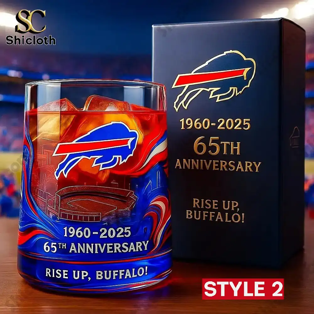 Buffalo Bills 65th anniversary whiskey glass with team logo and red and blue swirl design.