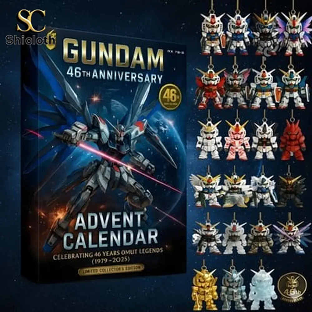 Gundam 46th Anniversary advent calendar box with miniature Gundam figures displayed.