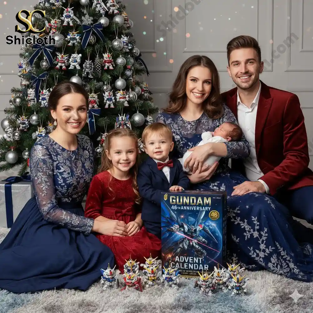 Family sitting by a Christmas tree decorated with Gundam figures holding the Gundam advent calendar.