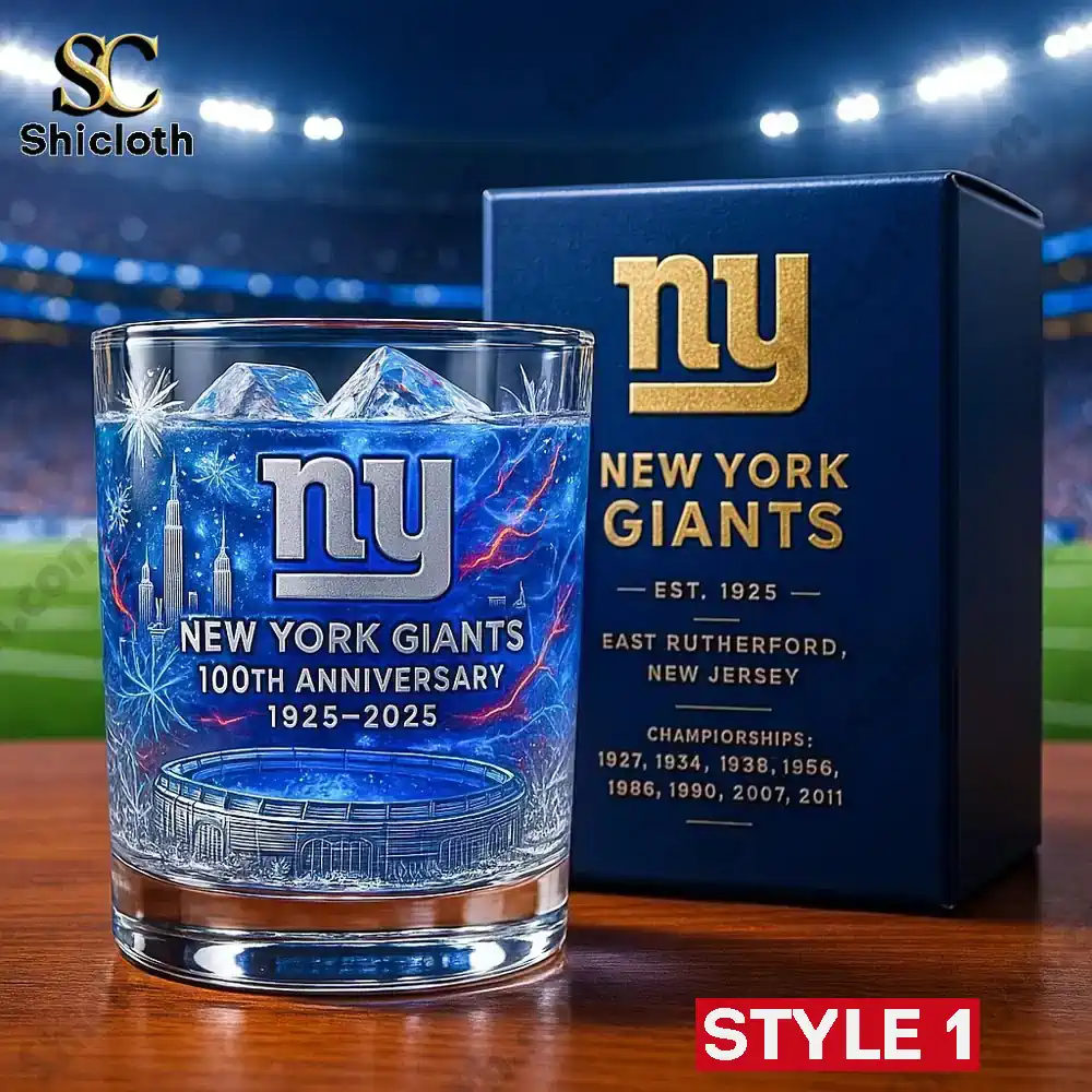 New York Giants 100th anniversary whiskey glass with stadium and skyline motifs.