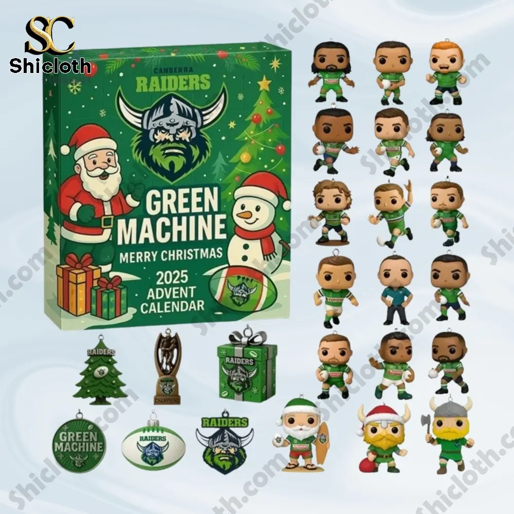 Canberra Raiders Green Machine Advent Calendar with mini figures and themed ornaments.
