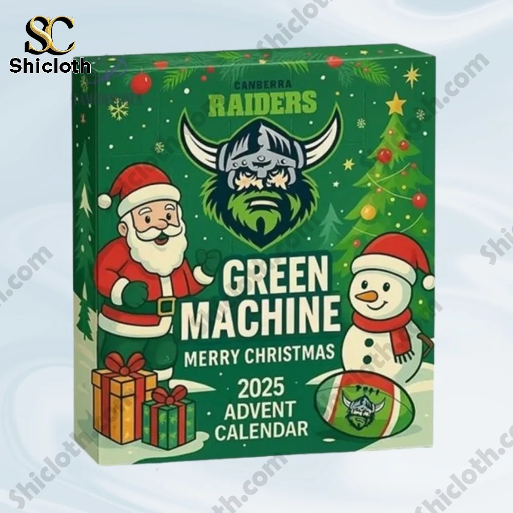 Canberra Raiders Advent Calendar 2025 3 Canberra Raiders Green Machine 2025 Advent Calendar box with Santa and snowman design.