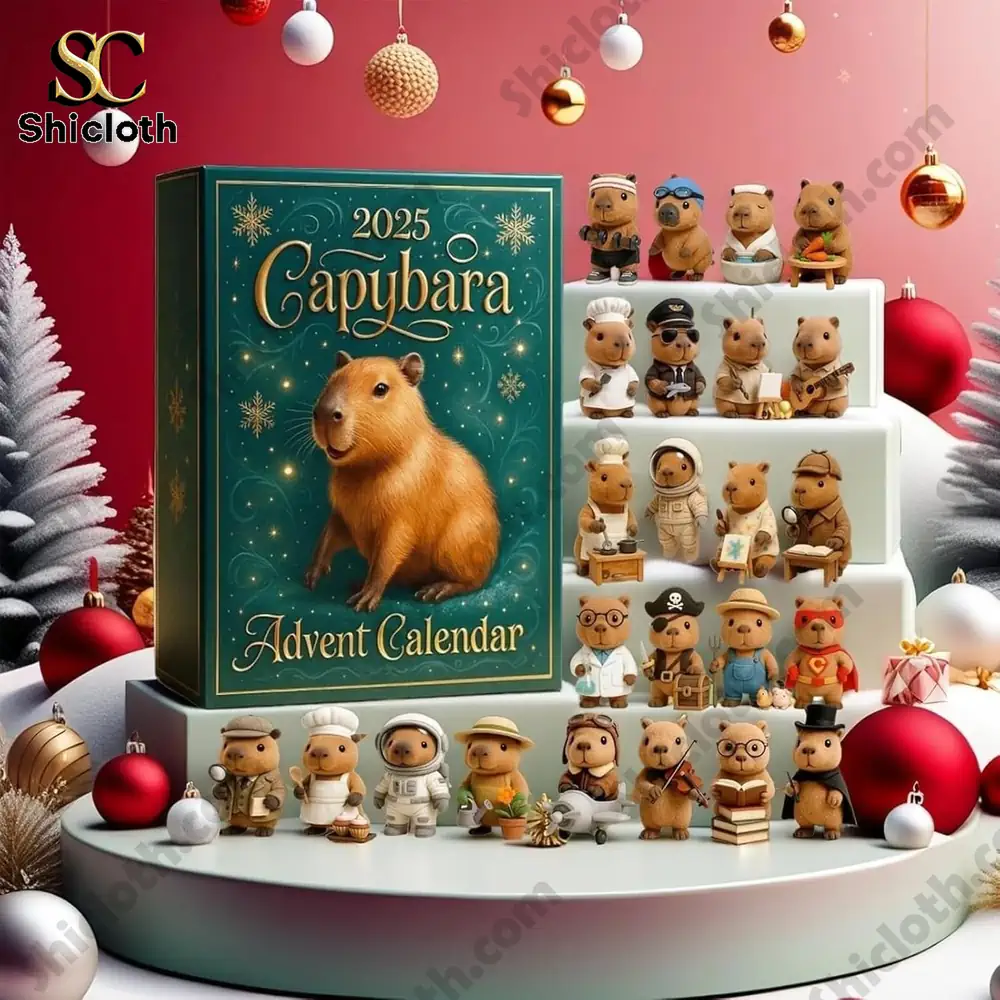 2025 Capybara Advent Calendar with miniature capybara figures dressed in various themed outfits displayed on festive Christmas background!