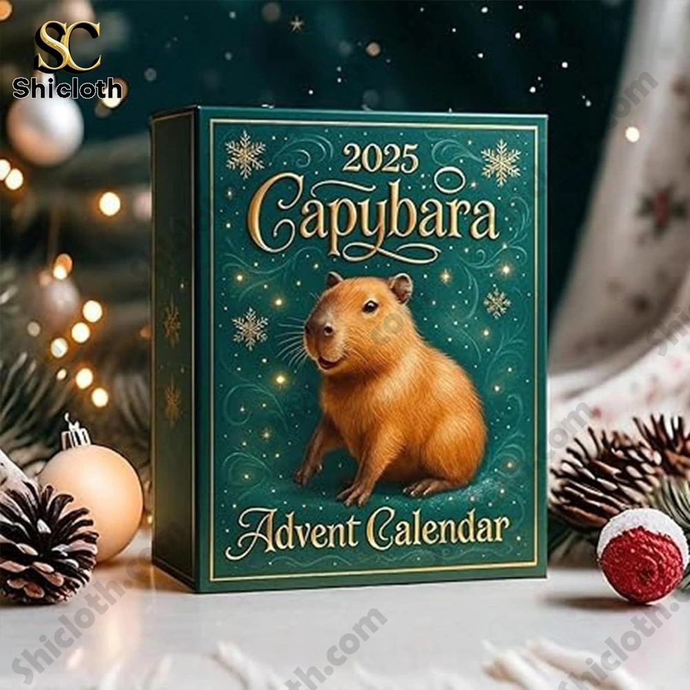 2025 Capybara Advent Calendar box on a holiday-themed table with Christmas lights and ornaments!
