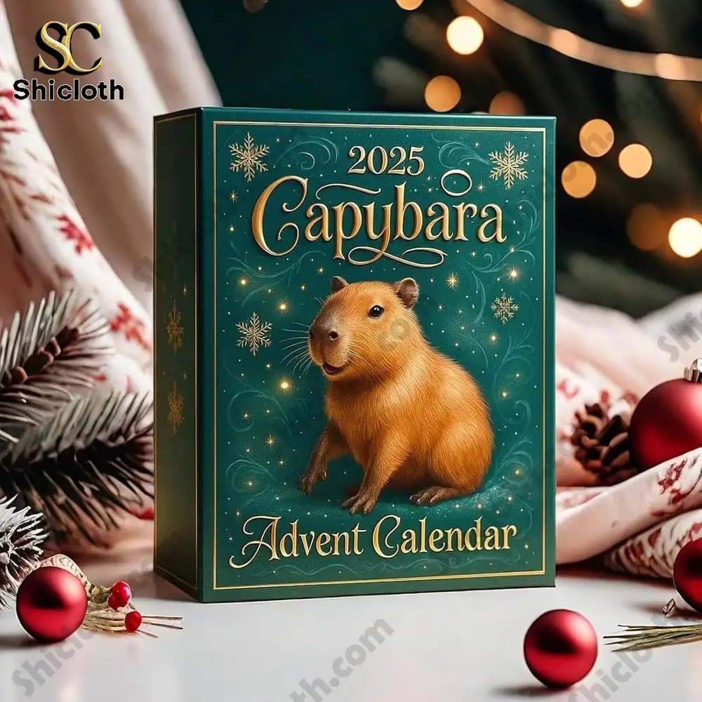 Capybara Premium Advent Calendar 2025 4 2025 Capybara Advent Calendar box surrounded by Christmas ornaments and warm festive lighting!
