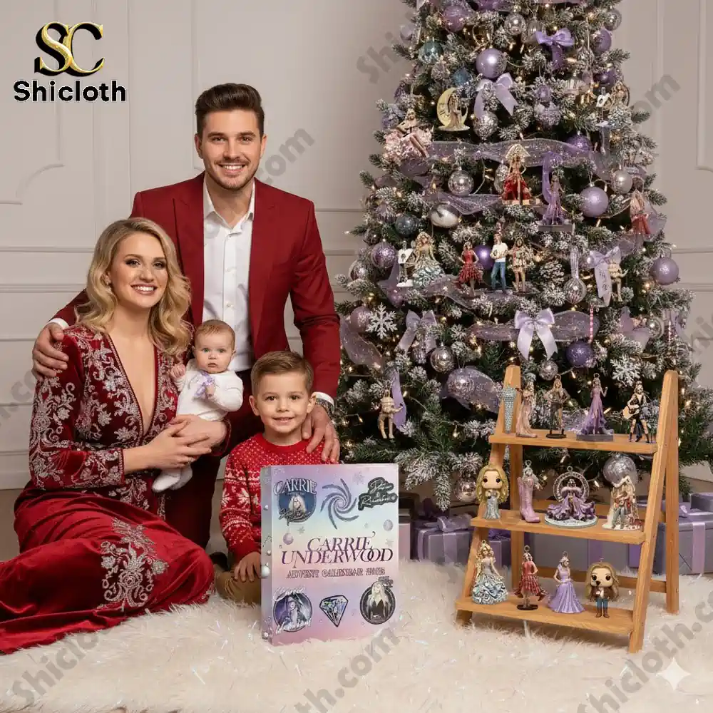 Family sitting by a Christmas tree with Shicloth Carrie Underwood Advent Calendar 2025.