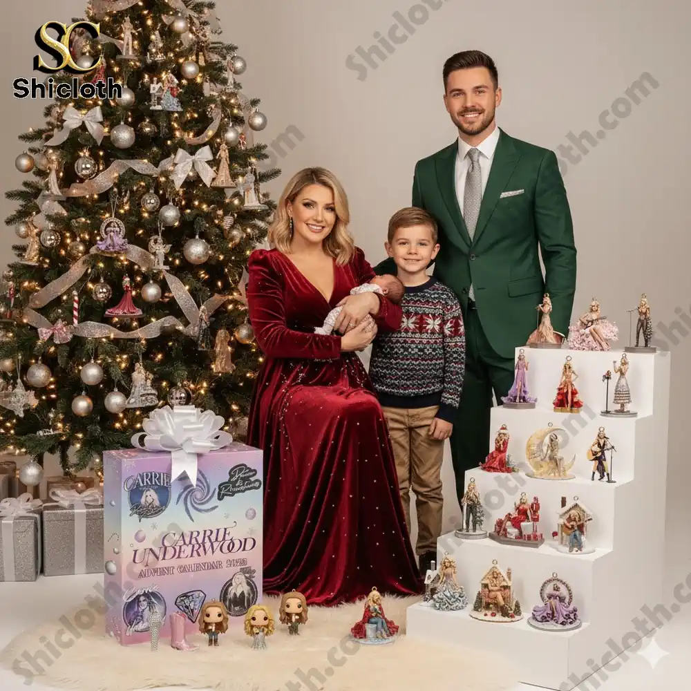 Family posing by Christmas tree with Carrie Underwood Advent Calendar 2025 and collectible ornaments.