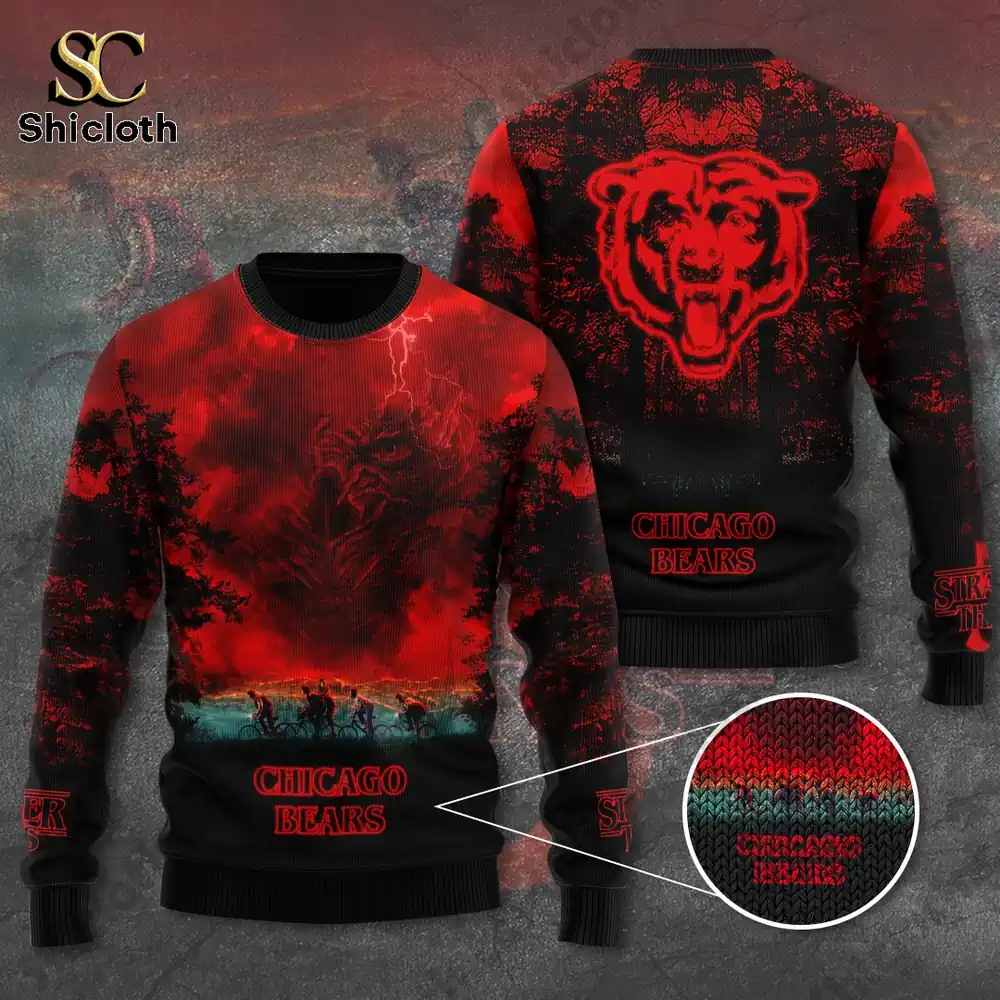 Front and back view of a red and black Chicago Bears x Stranger Things Christmas sweater with logo details.