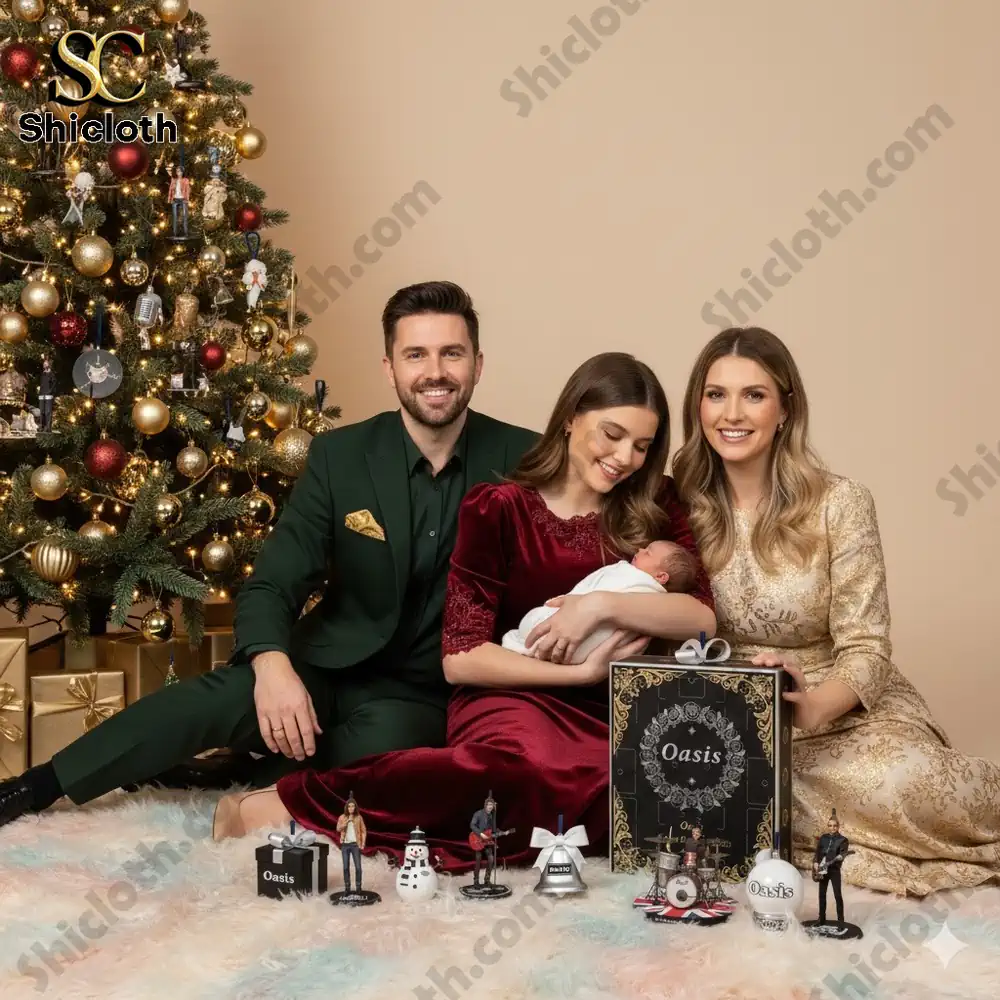 A family poses by a Christmas tree with the Oasis Advent Calendar 2025 box and miniature figures from Shicloth!