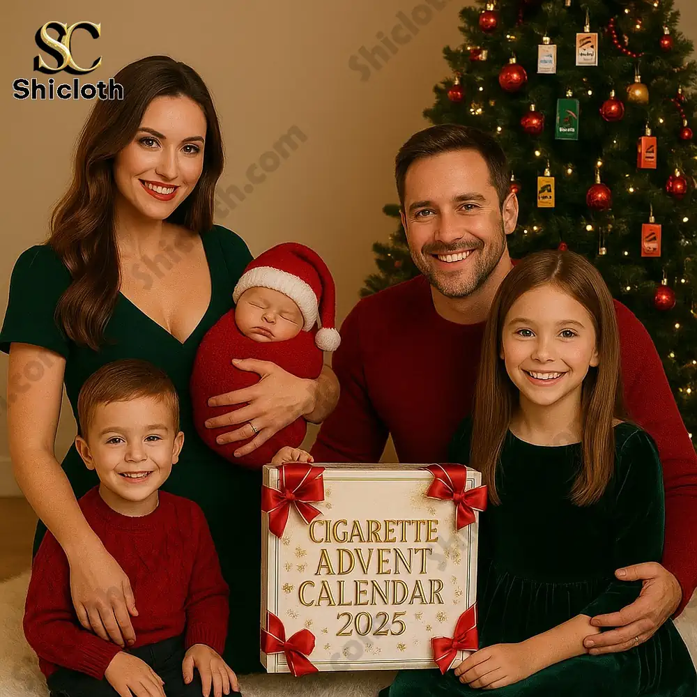 A smiling family posing by a Christmas tree holding a Cigarette Advent Calendar 2025 box!