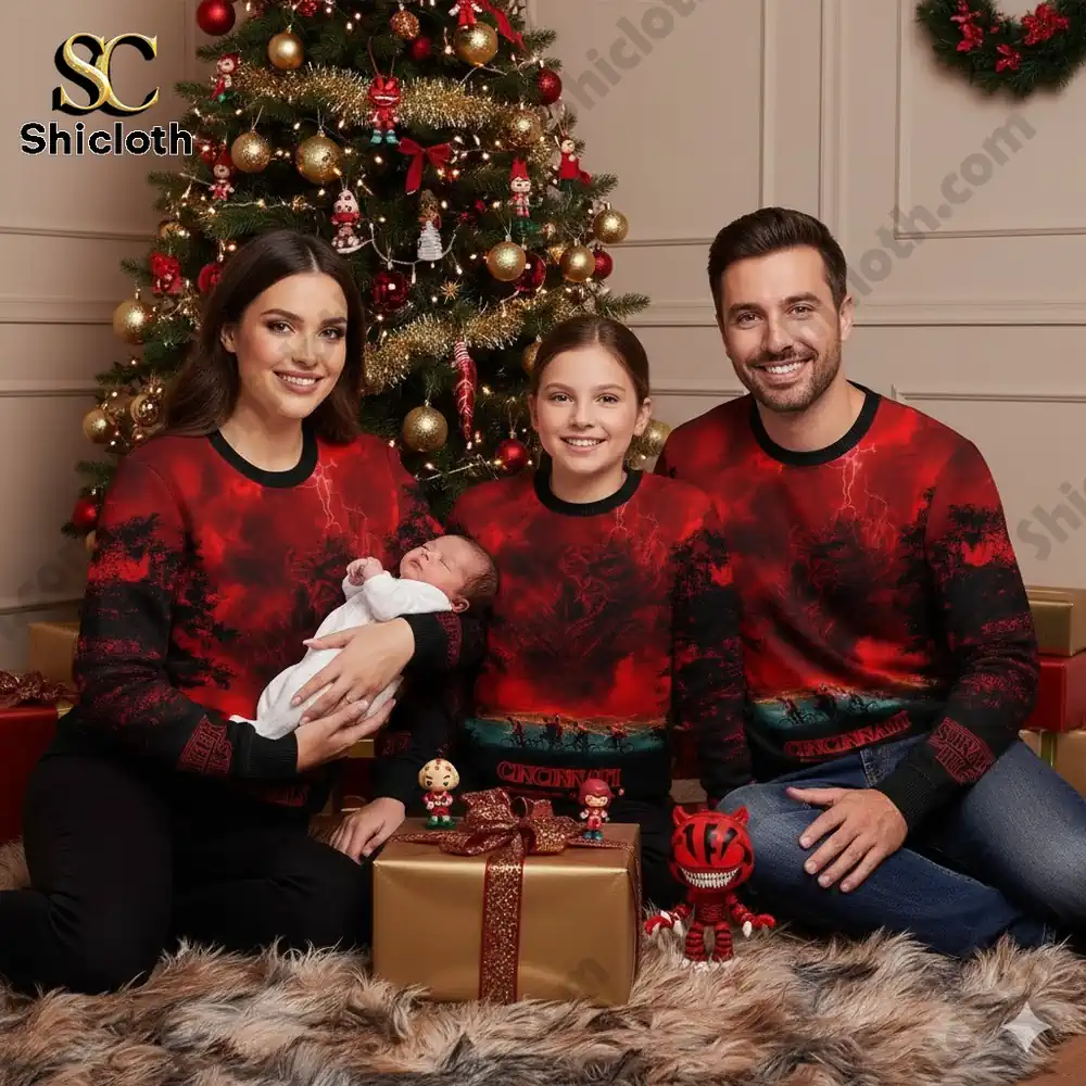 A smiling family wearing matching Cincinnati Bengals and Stranger Things sweaters posing by a Christmas tree with gifts.