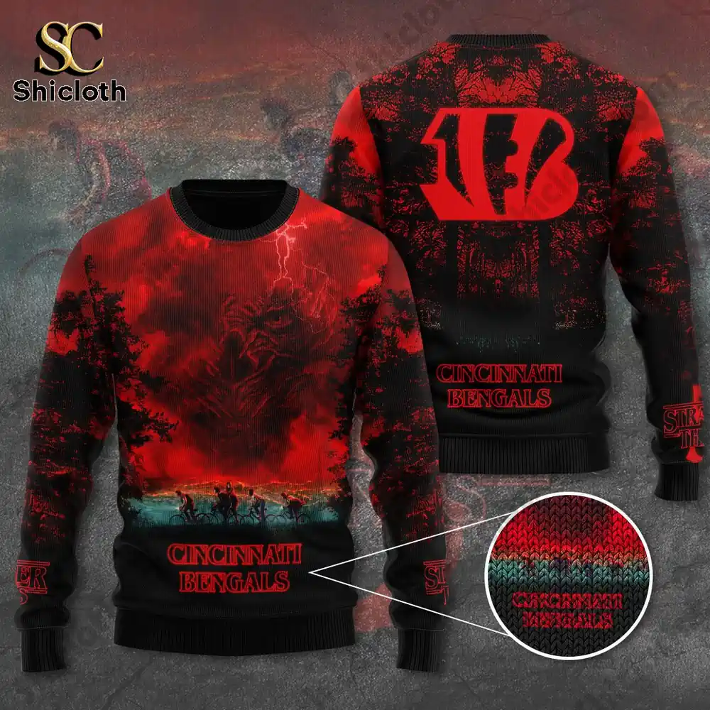 Front and back view of a red and black Cincinnati Bengals x Stranger Things Christmas sweater with team logo and detailed knit pattern.