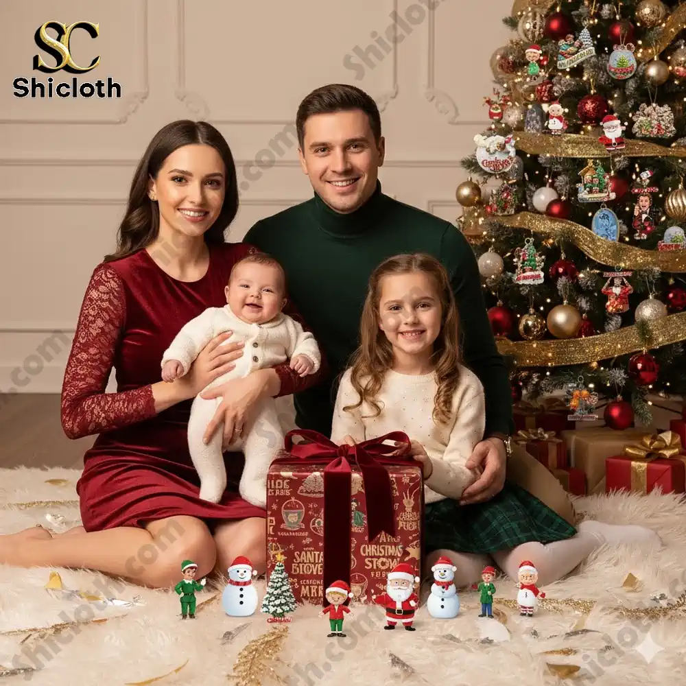 A smiling family sitting near a Christmas tree with the Shicloth Christmas Movies Advent Calendar and festive figurines in front of them!