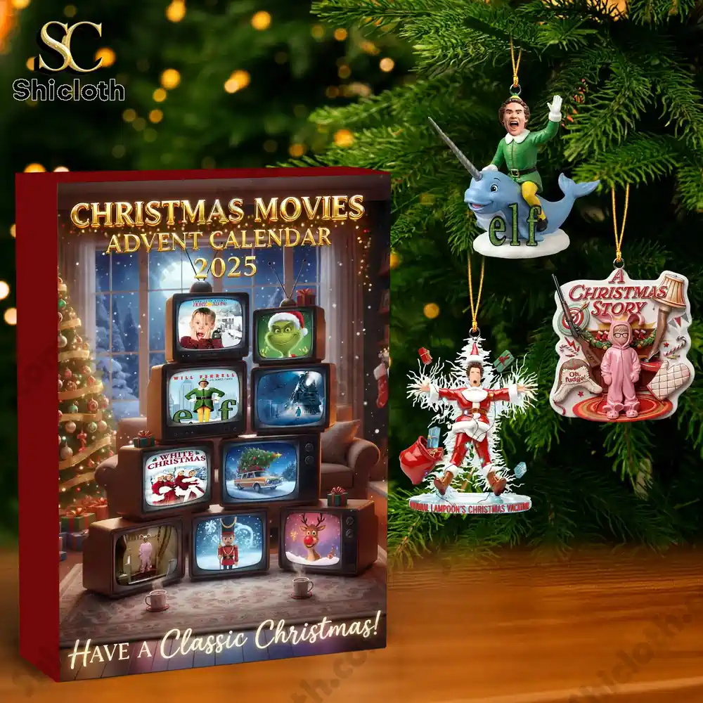 Close up of the Shicloth Christmas Movies Advent Calendar 2025 with classic movie ornaments hanging on a Christmas tree!