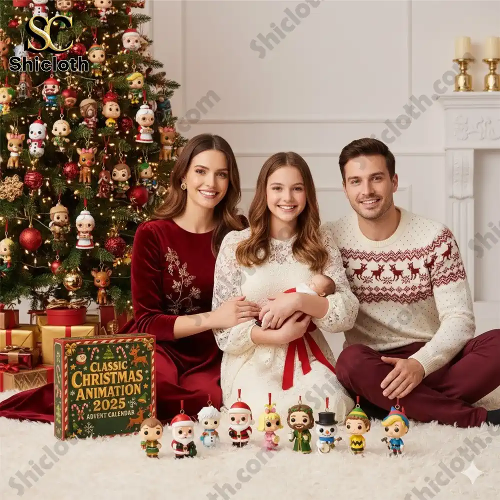 A smiling family sits near a Christmas tree with Shicloth Classic Christmas Animation 2025 Advent Calendar figures displayed in front of them!