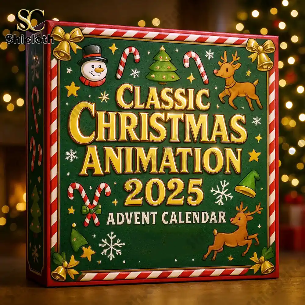 The Shicloth Classic Christmas Animation 2025 Advent Calendar box displayed with Christmas decorations in the background!