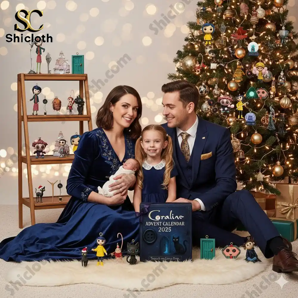 Family sitting by Christmas tree with Coraline Advent Calendar 2025 box and themed ornaments.