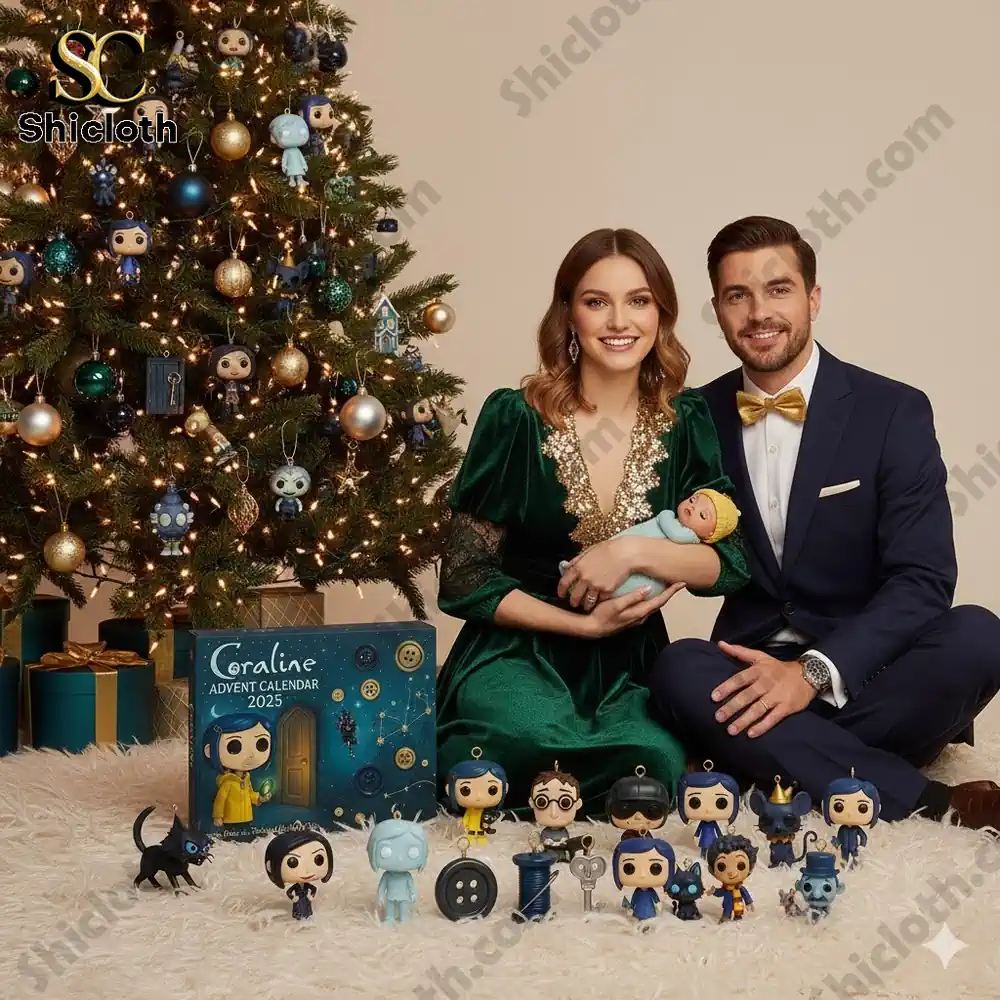 A smiling couple posing by a Christmas tree with Coraline Advent Calendar 2025 and character figures!